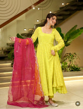 Marvelous Lemon Color Chinon Silk Work Gown